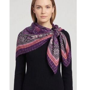 Chaudry Kc India NWT Navy Lavender Silver Lurex Botanical Print 40" Square Scarf